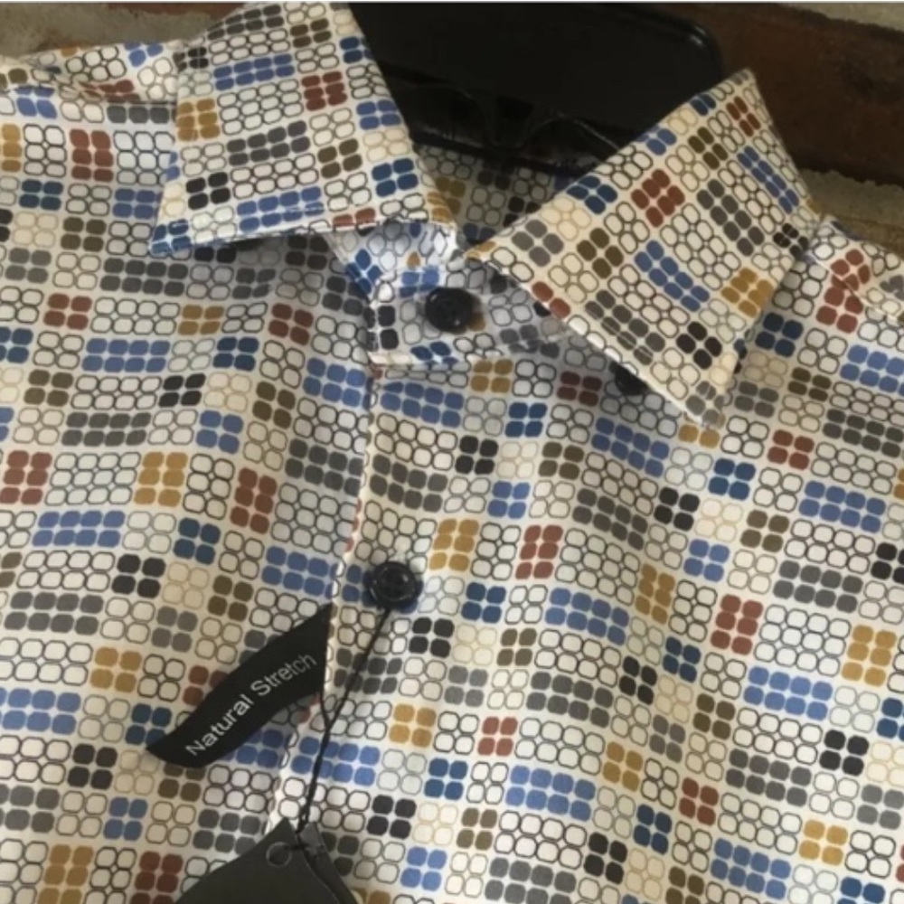 NWT Visconti Woven Stretch Men’s Button up shirt White Multi Geo Circle Sz S
